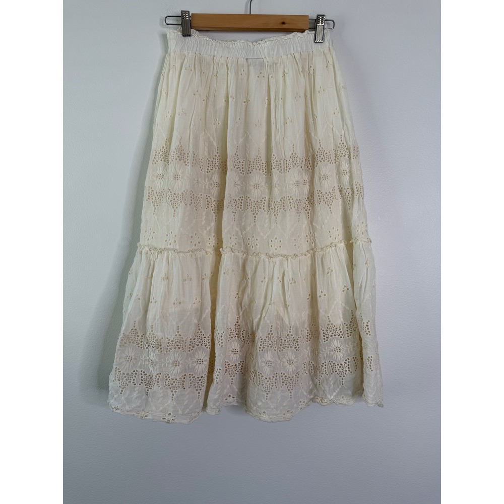 Liv Los Angeles Cream Eyelet Cotton Tiered Midi Skirt Small Boho Cottagecore - Picture 2 of 7